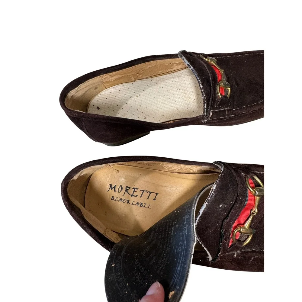 Moretti Black Label Mens 9.5 Brown Suede Horsebit Loafers Leather Sole Italy